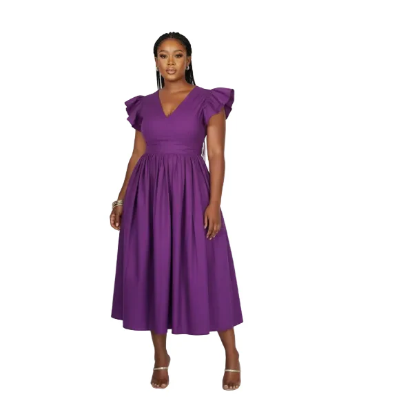 Elegant Black V-Neck Ruffle Sleeve Pleated Midi Dress