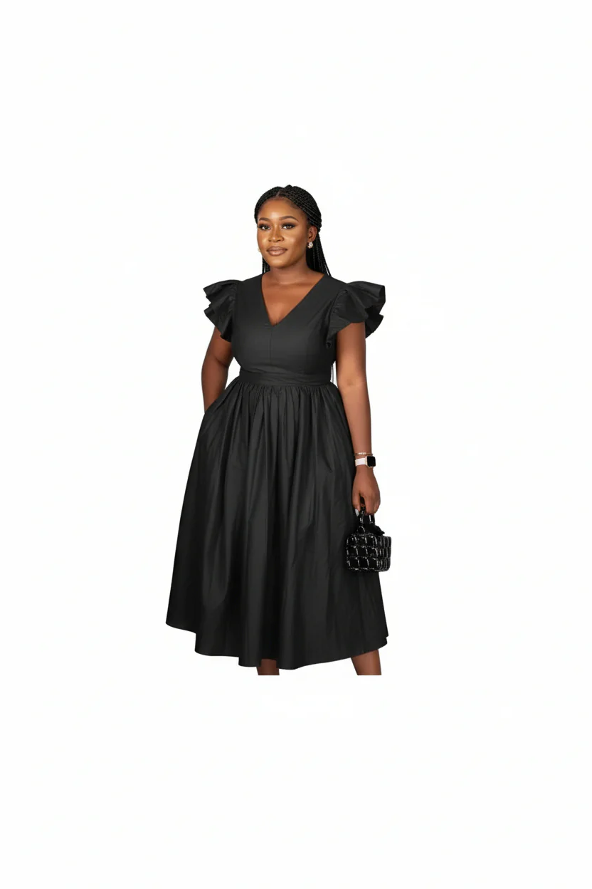 Elegant Black V-Neck Ruffle Sleeve Pleated Midi Dress - Image 2