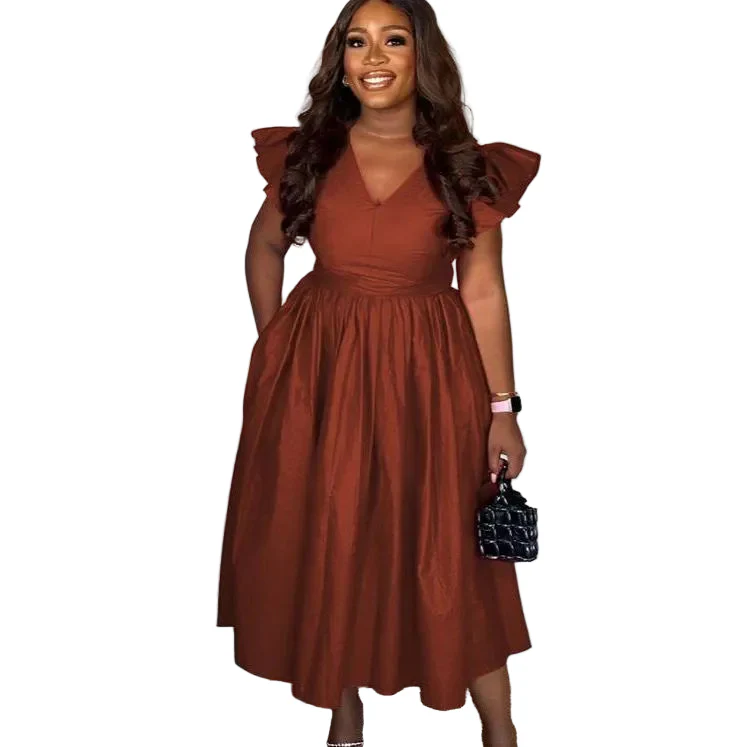 Elegant Black V-Neck Ruffle Sleeve Pleated Midi Dress - Image 3