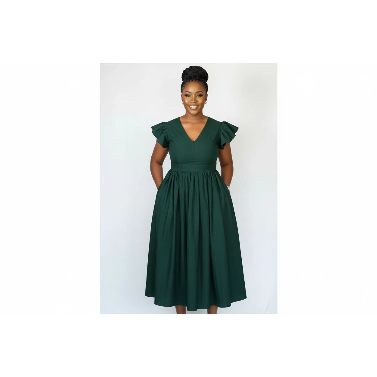 Elegant Black V-Neck Ruffle Sleeve Pleated Midi Dress - Image 4