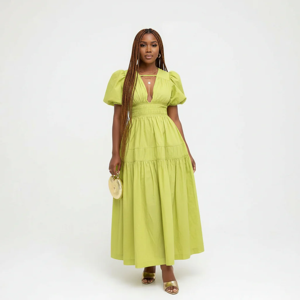 Elegant Bubble Sleeve Pleated Maxi Dress - Image 2