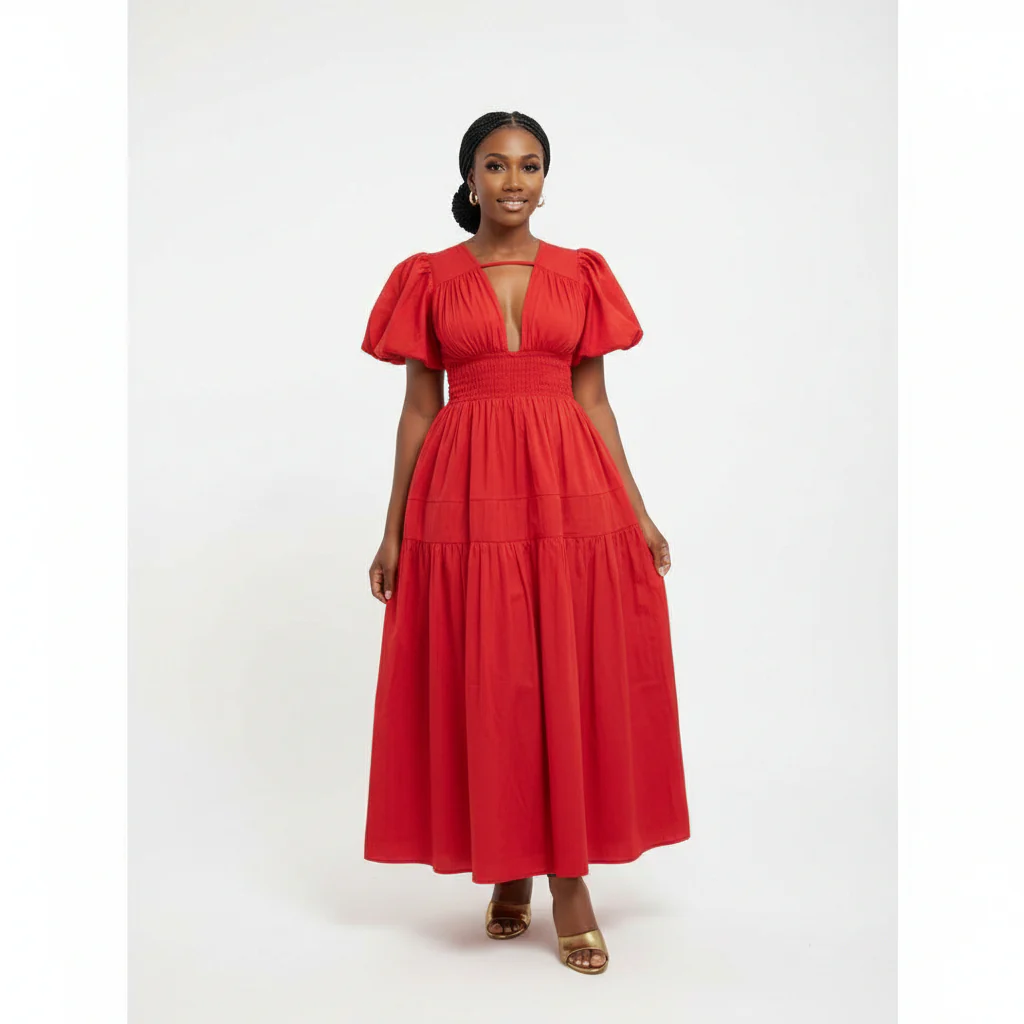 Elegant Bubble Sleeve Pleated Maxi Dress - Image 3