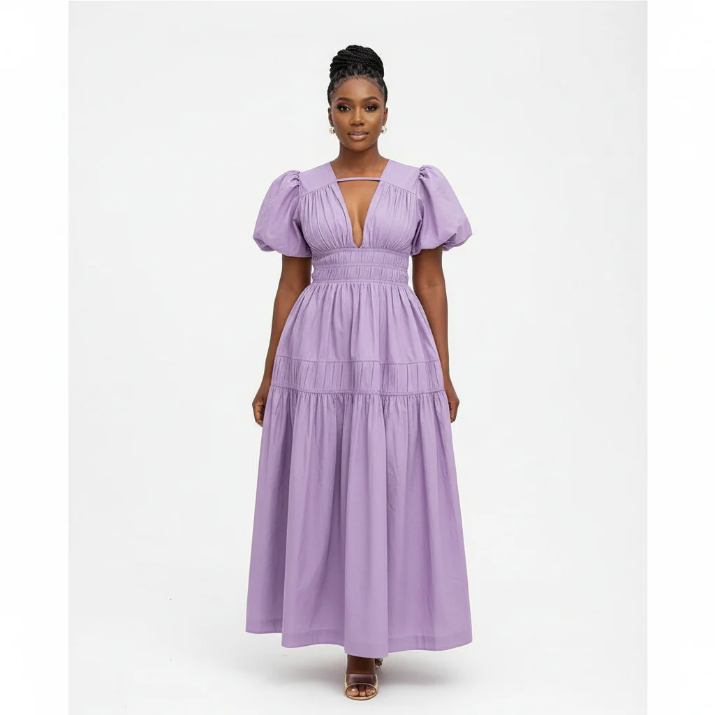 Elegant Bubble Sleeve Pleated Maxi Dress - Image 4
