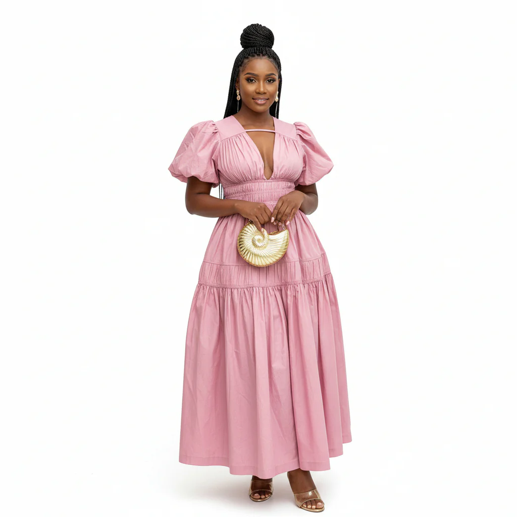 Elegant Bubble Sleeve Pleated Maxi Dress - Image 5