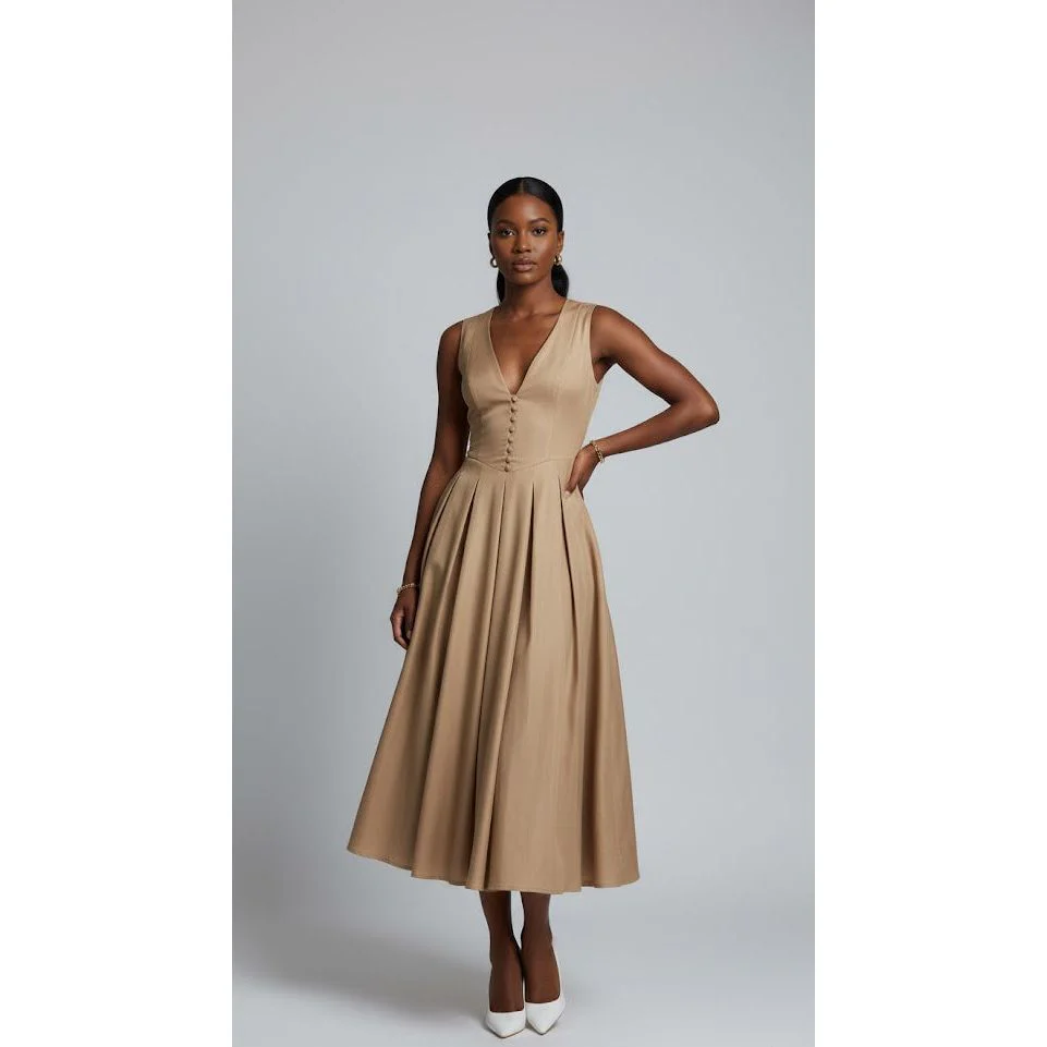 Elegant Button-Down V-Neck Midi Dress - Image 4