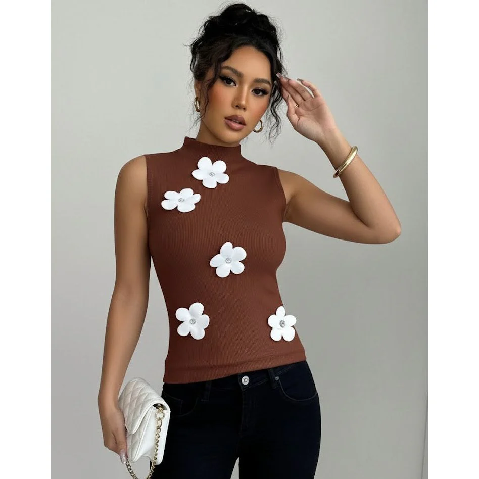 Elegant Floral Embellished Sleeveless Slim Fit Style Top - Image 2