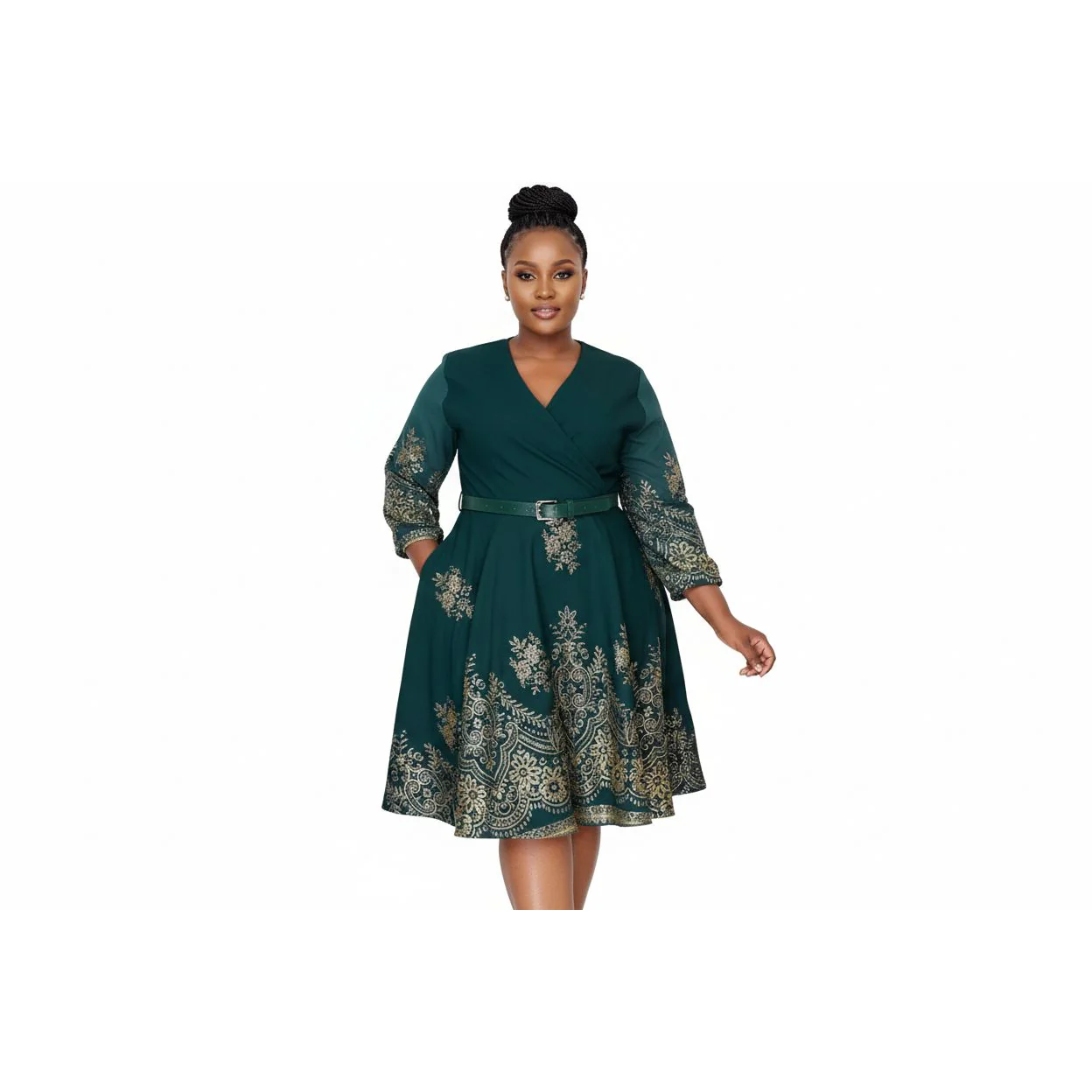 Elegant Floral Print V Neck A-Line Dress - Image 2