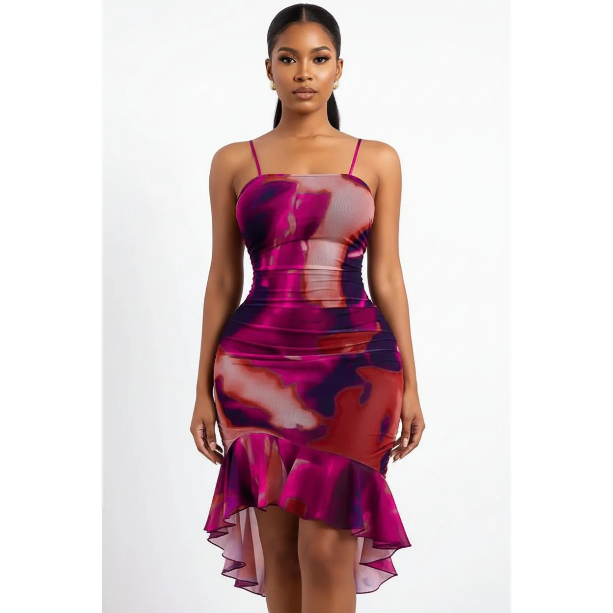 Geometric-Print Bodycon Dress with Ruffled Hem - Image 2