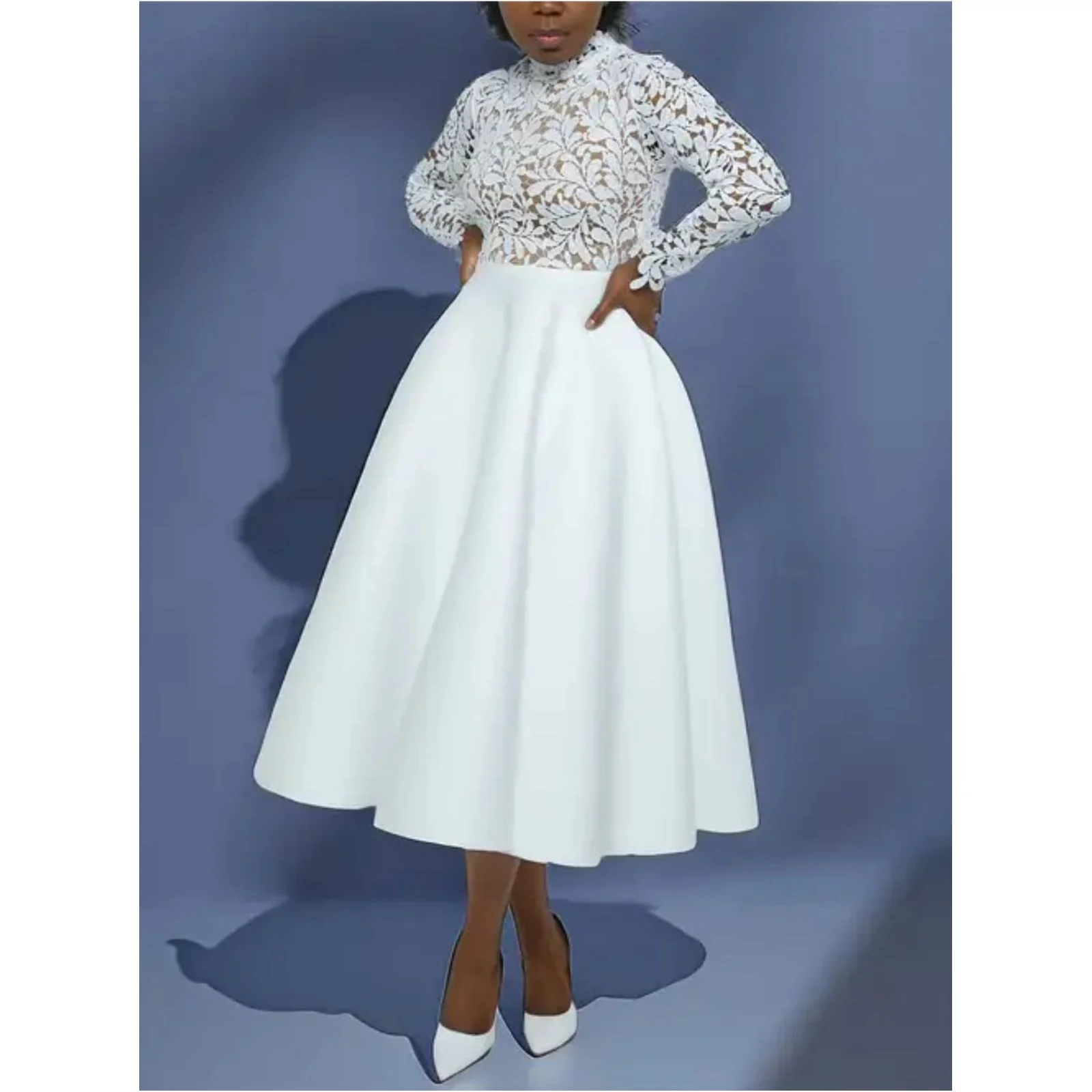 Elegant Lace Paneled A-line Swing Dress - Image 3