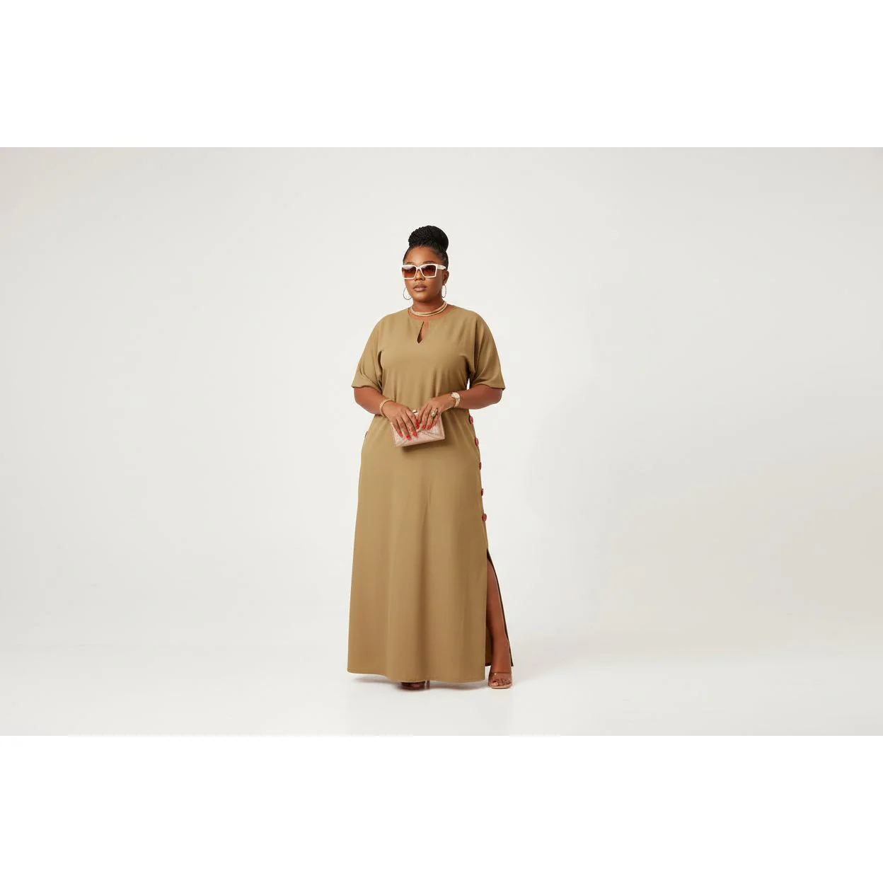Drop Down V-Neck Short Sleeve Slit Maxi Dress - Image 4