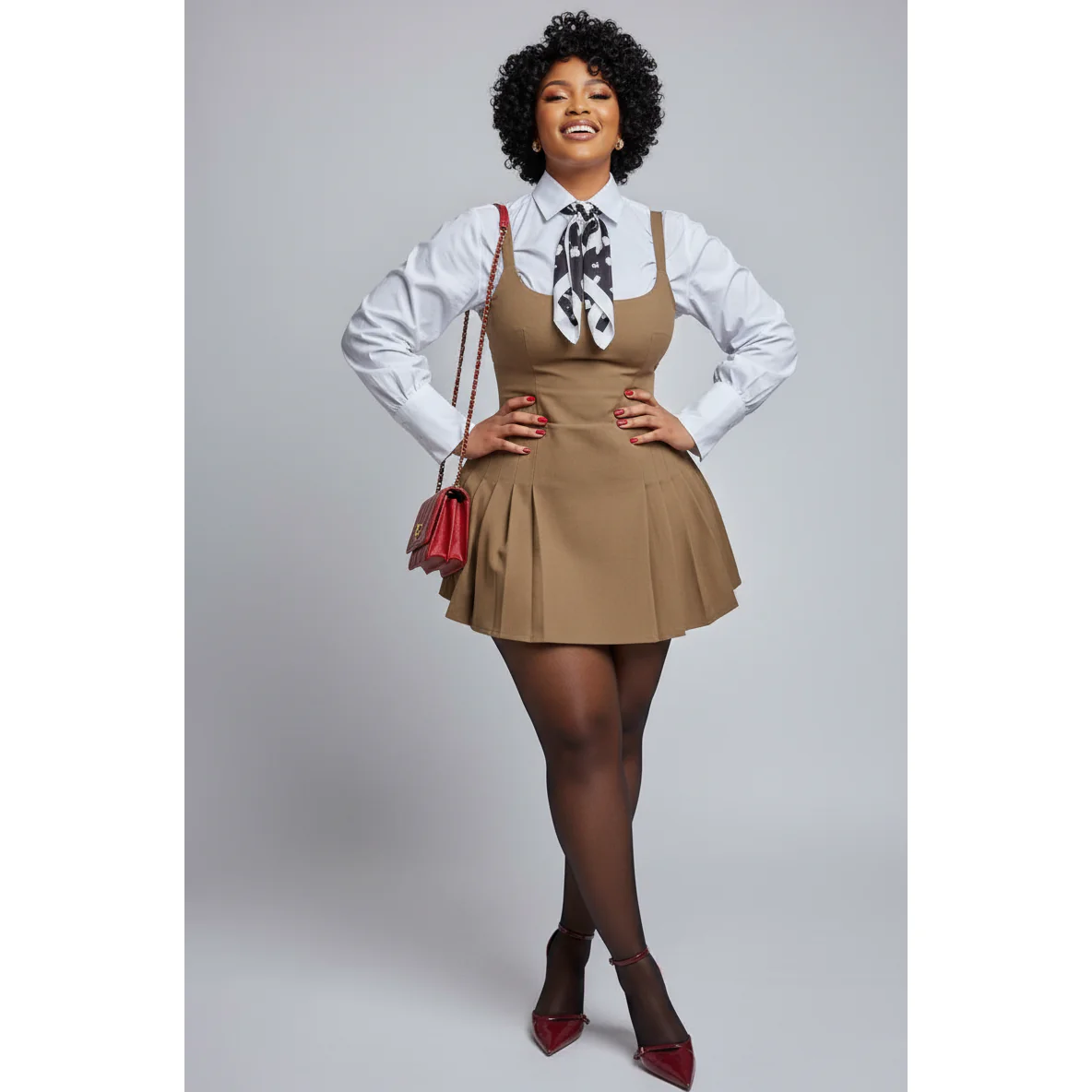 Elegant Long Sleeve Down-Collar  A-Line Strap Mini Dress - Image 5