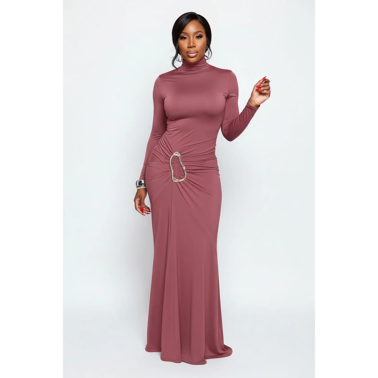 Elegant Long Sleeve Mock-Neck Maxi Dresses - Image 3
