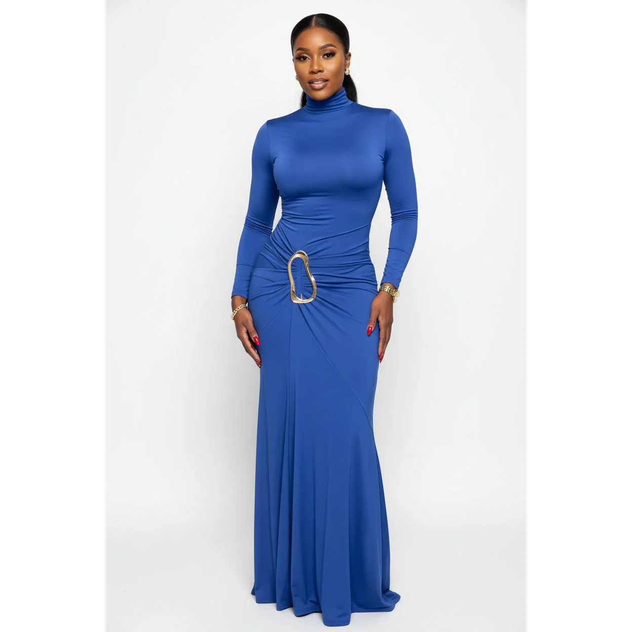 Elegant Long Sleeve Mock-Neck Maxi Dresses - Image 5