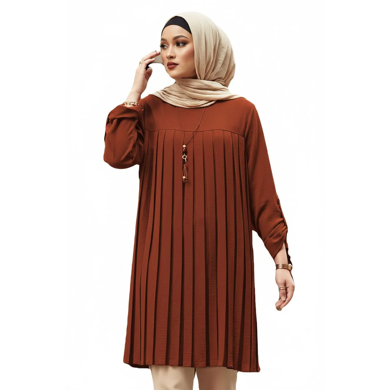 Elegant Long Sleeve Pleated Short Dress - Image 2