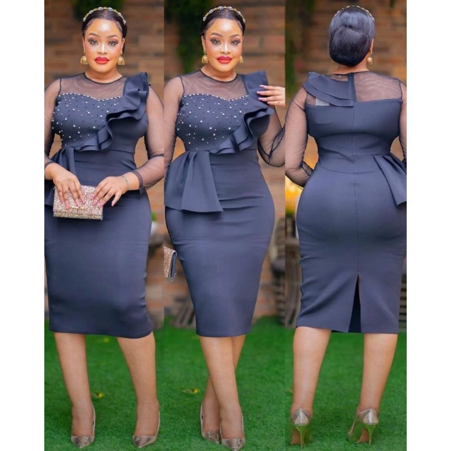 Elegant Mesh Patchwork Ruffled Beaded Bodycon Dress. - Image 7