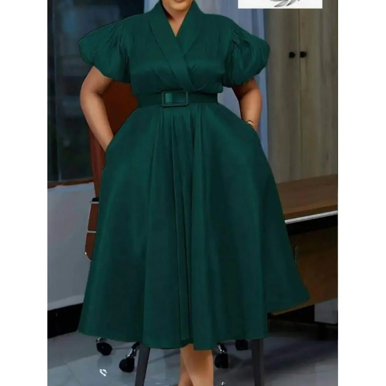 Elegant Overlap Collar A-line Midi Dress. - Image 3