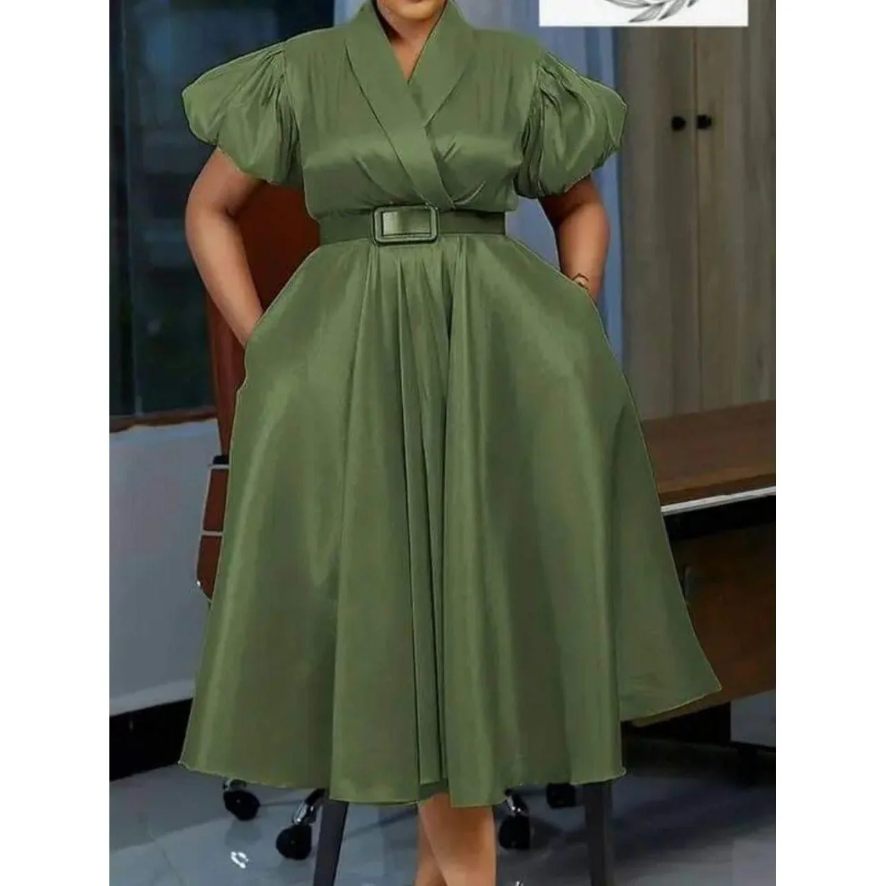 Elegant Overlap Collar A-line Midi Dress. - Image 4