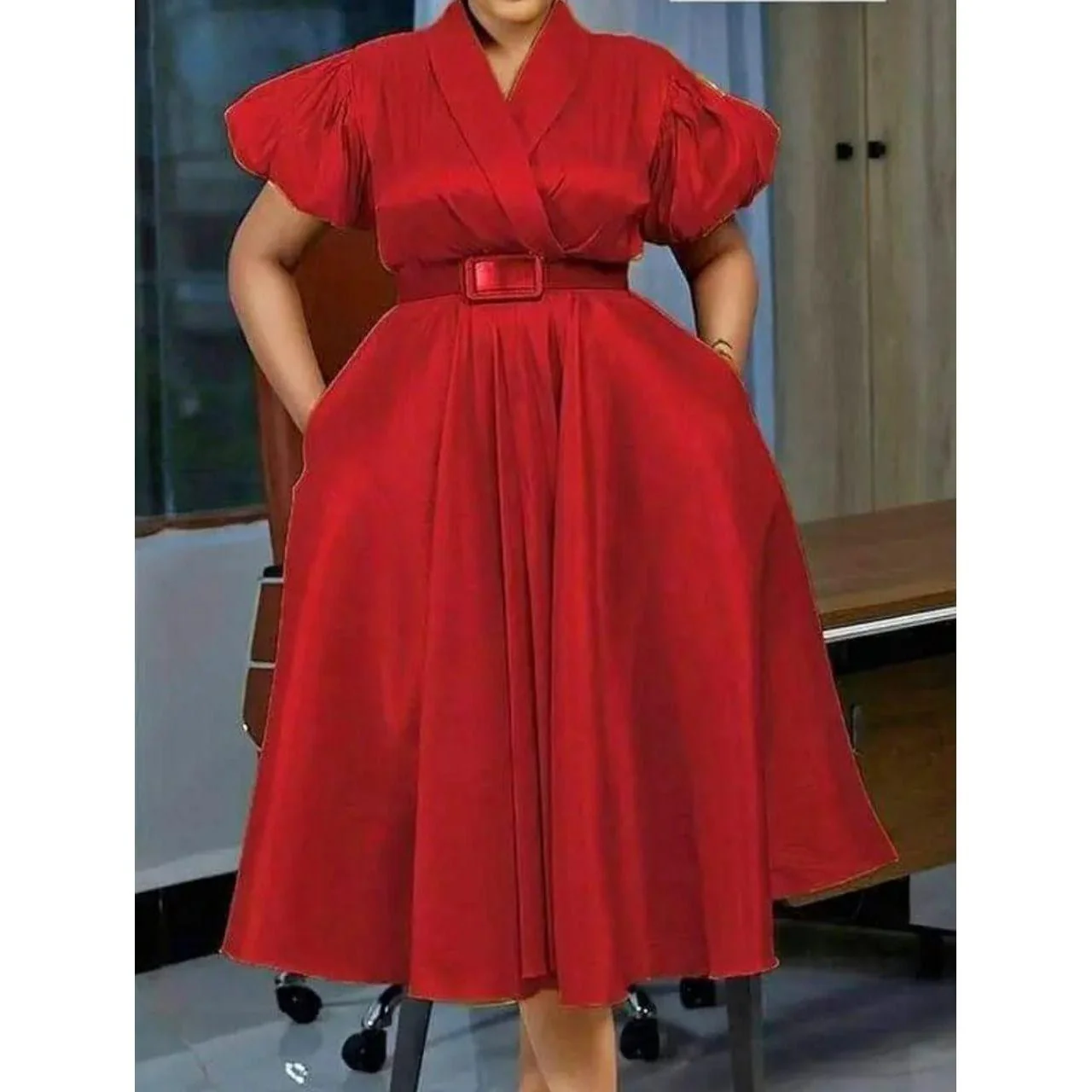 Elegant Overlap Collar A-line Midi Dress. - Image 5