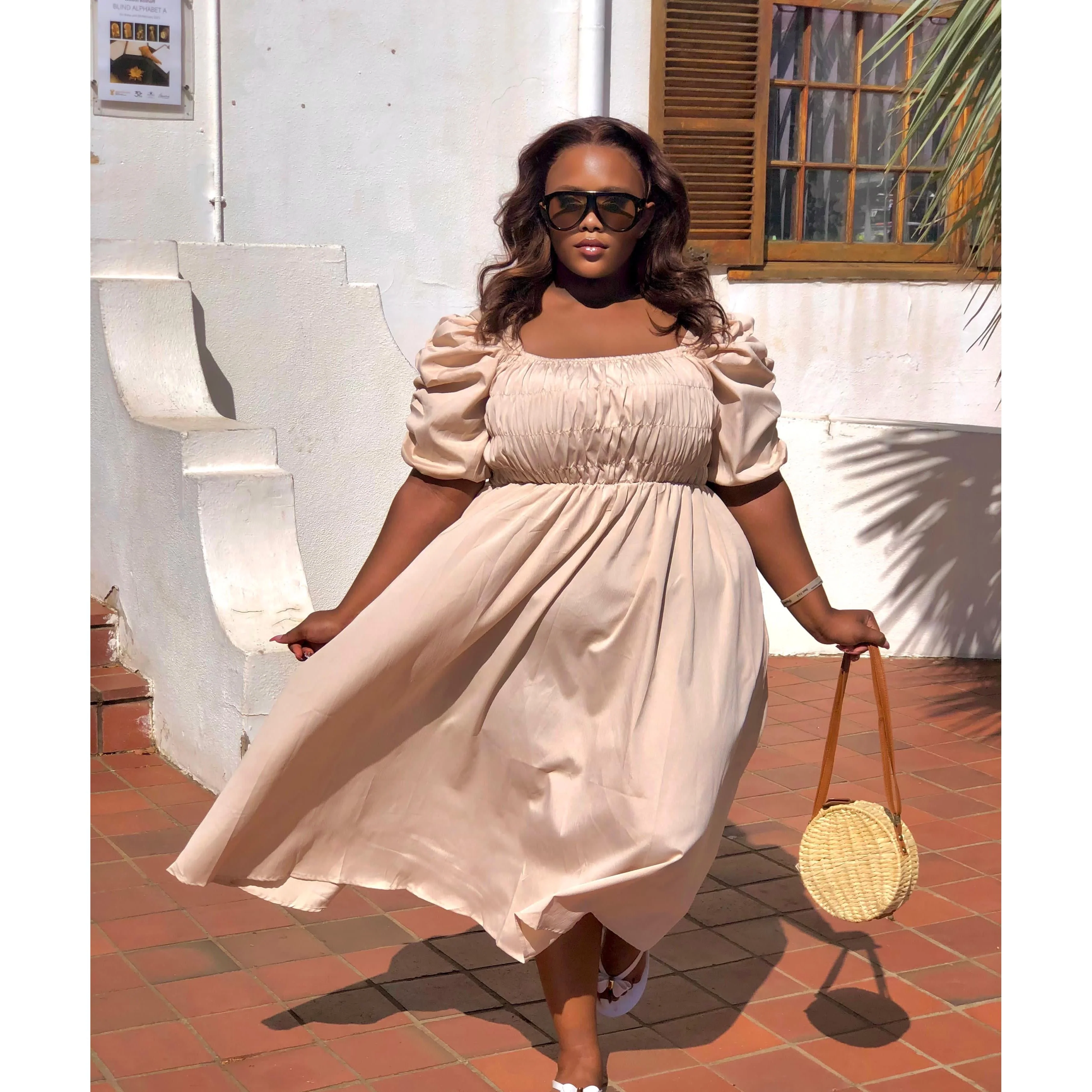 Elegant Puff Sleeve Retro Bandage Solid Design Dress.
