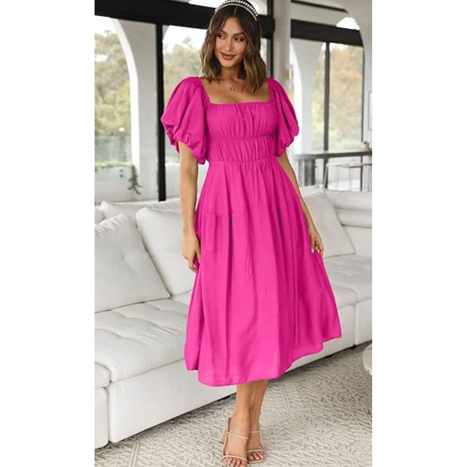 Elegant Puff Sleeve Retro Bandage Solid Design Dress. - Image 11