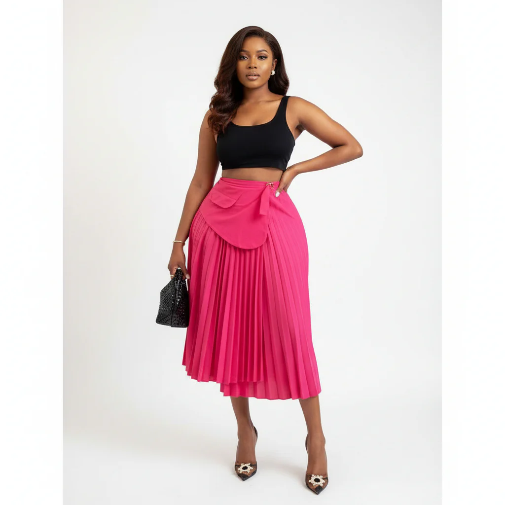 Elegant & Romantic Solid Color Pleated Waist Belt Adjustable Skirt. - Image 2