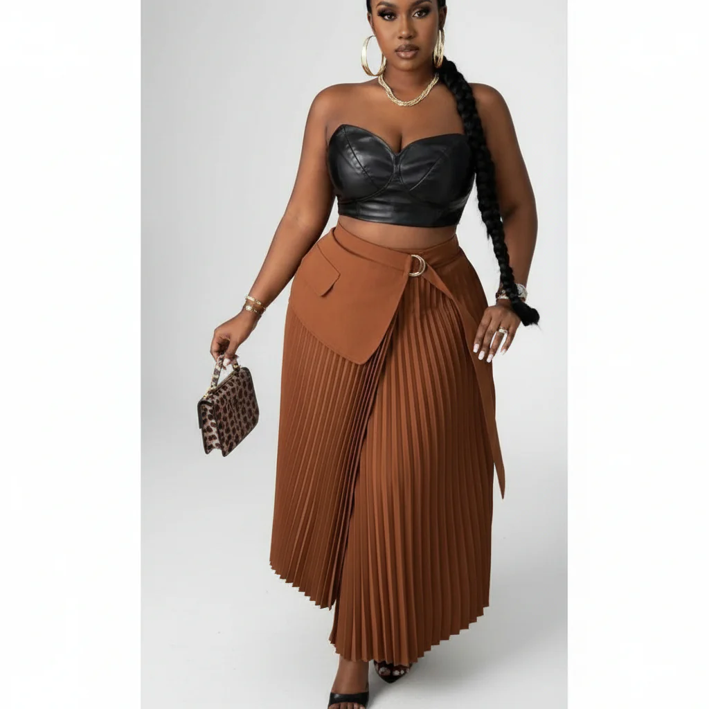 Elegant & Romantic Solid Color Pleated Waist Belt Adjustable Skirt. - Image 3