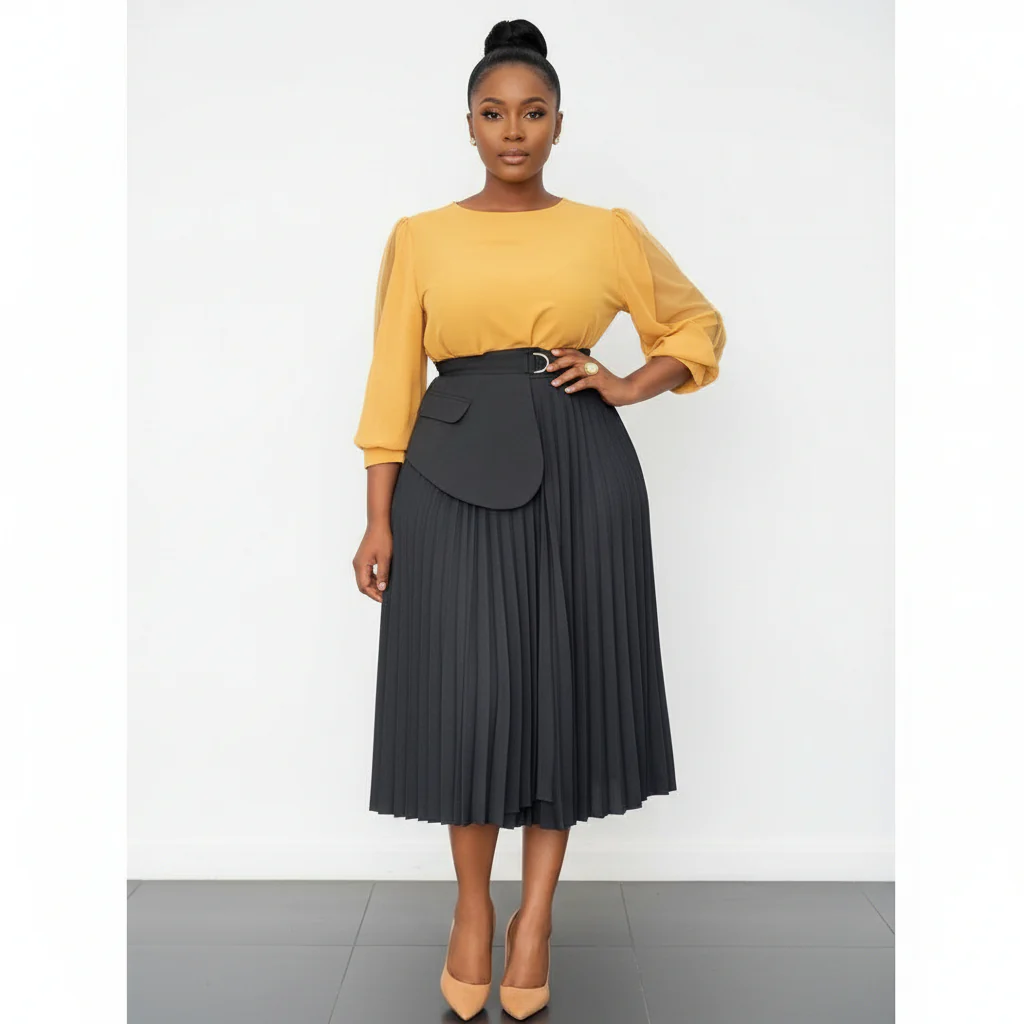 Elegant & Romantic Solid Color Pleated Waist Belt Adjustable Skirt. - Image 4