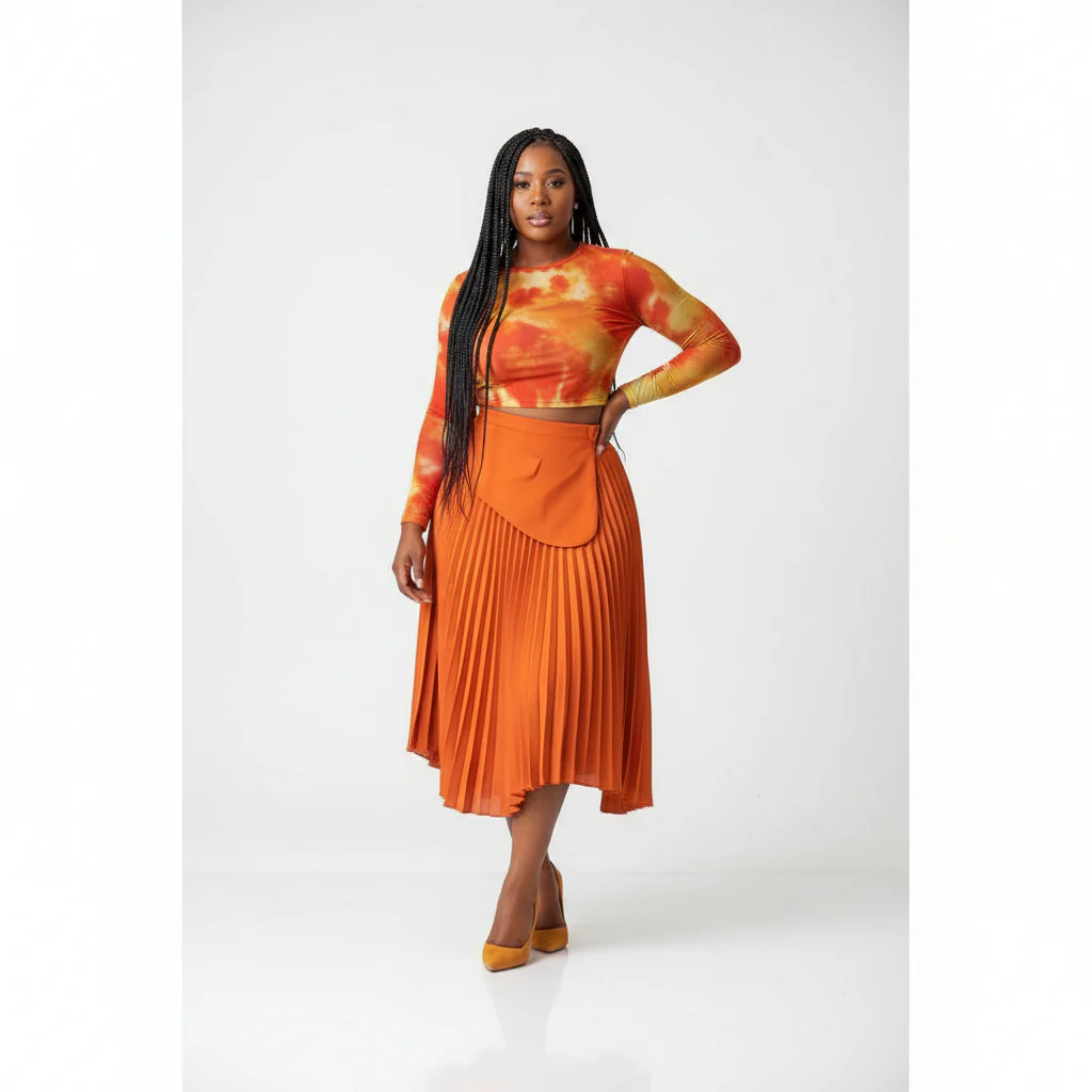 Elegant & Romantic Solid Color Pleated Waist Belt Adjustable Skirt. - Image 5