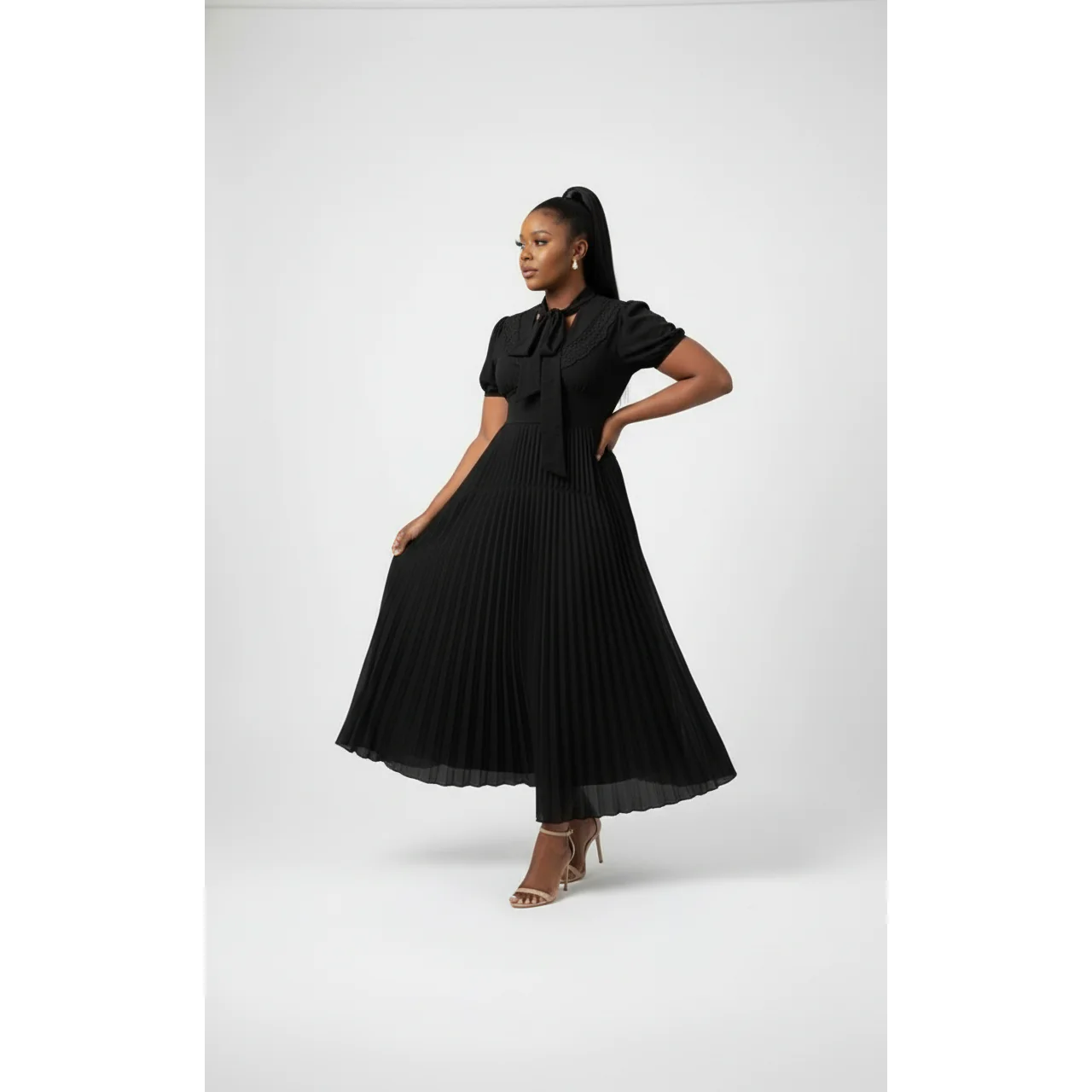 Elegant Ruffle Detail Short Sleeve Office Dress - Image 3