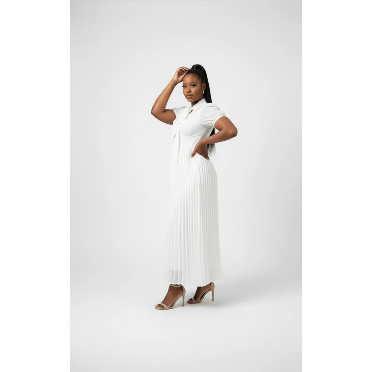 Elegant Ruffle Detail Short Sleeve Office Dress - Image 4