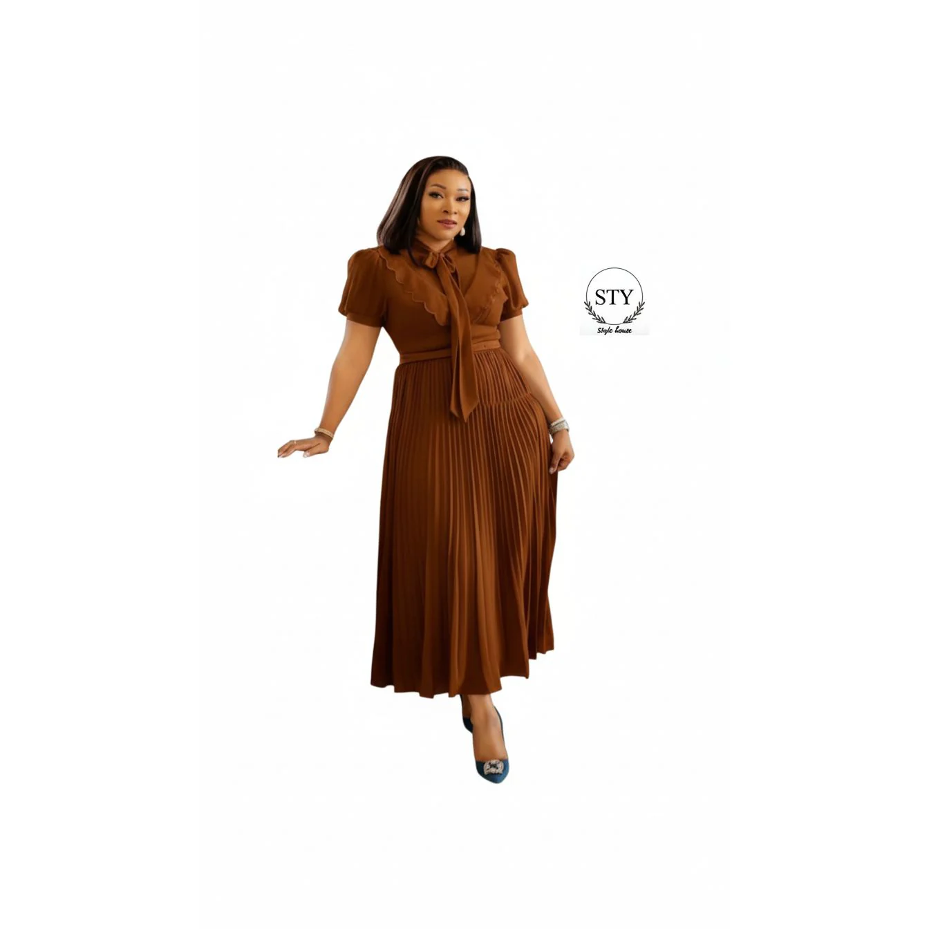 Elegant Ruffle Detail Short Sleeve Office Dress - Image 5