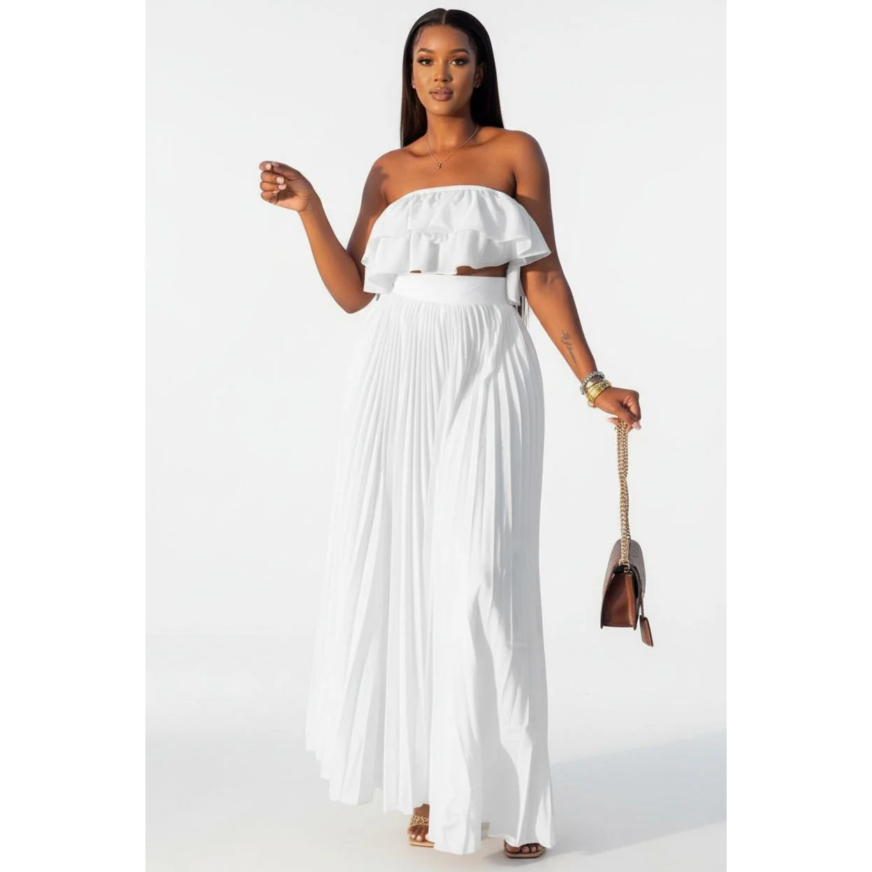 Elegant Ruffled Top and Pleated Skirt - Image 2