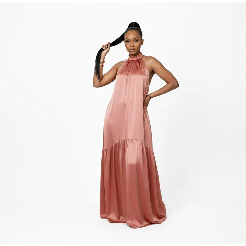 Elegant Satin Halter Neck Maxi Dress - Image 3