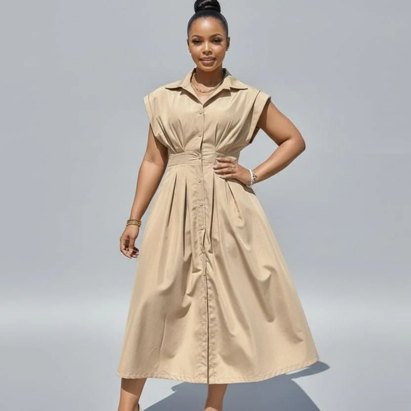 Button Down Sleeveless V-Neck Midi Dress