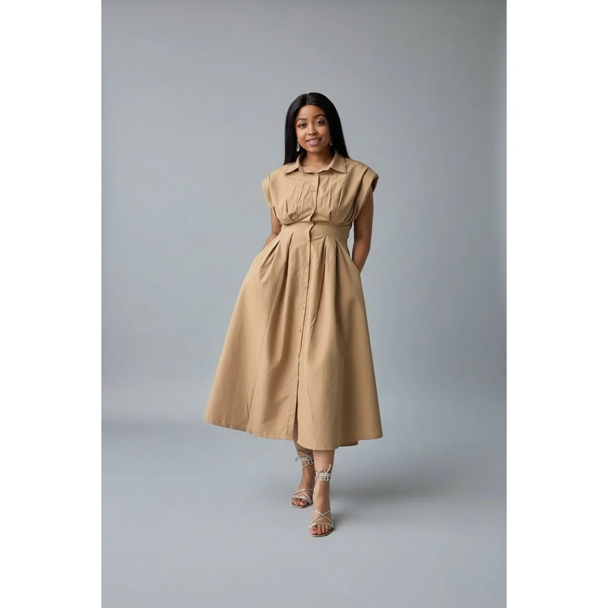 Button Down Sleeveless V-Neck Midi Dress - Image 3