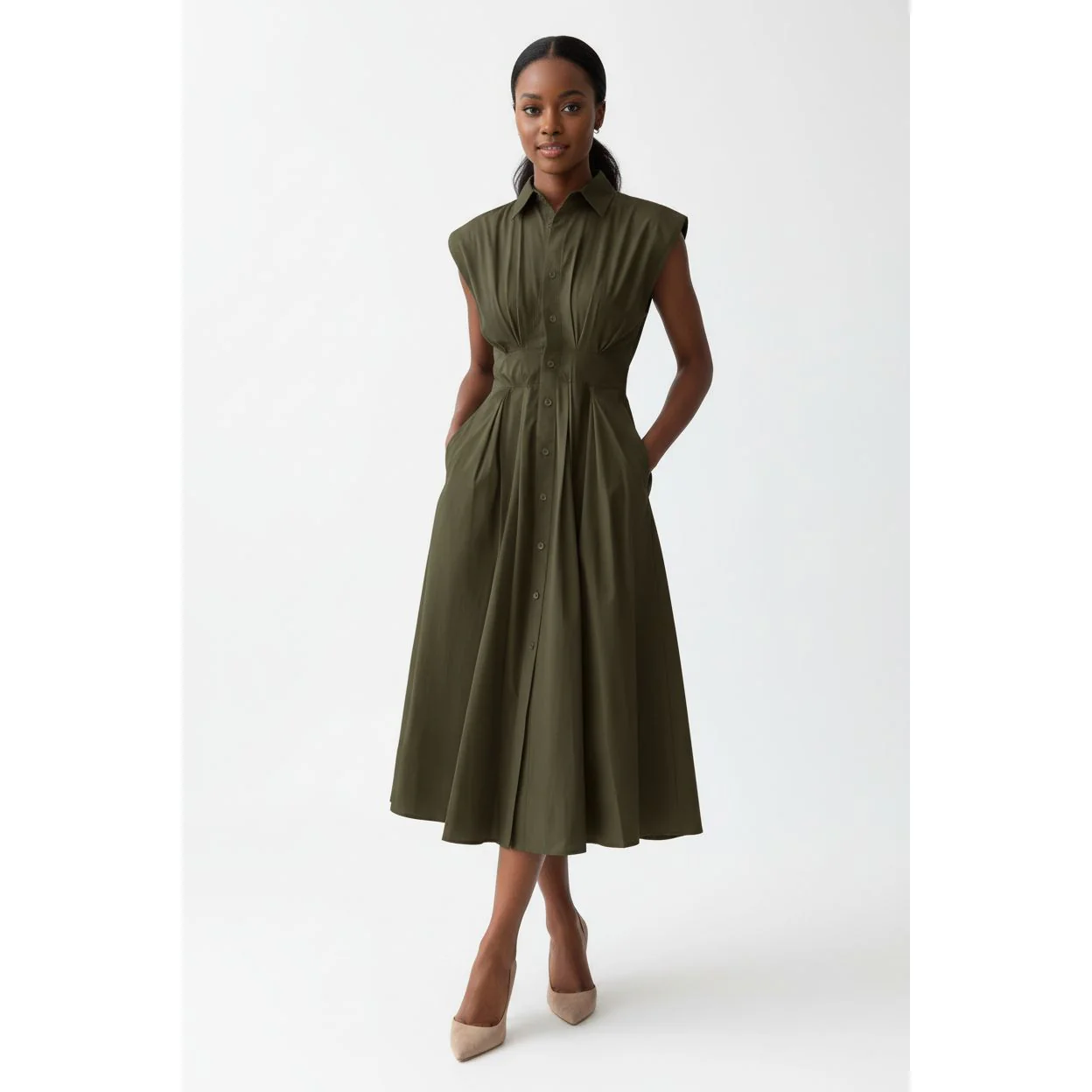 Button Down Sleeveless V-Neck Midi Dress - Image 4