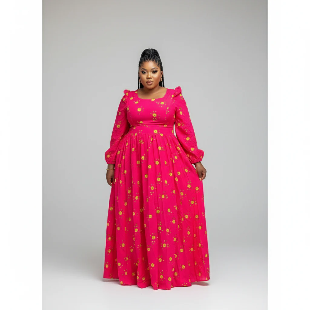 Square Neck Floral Textured Flare Waist Long Sleeve Dress