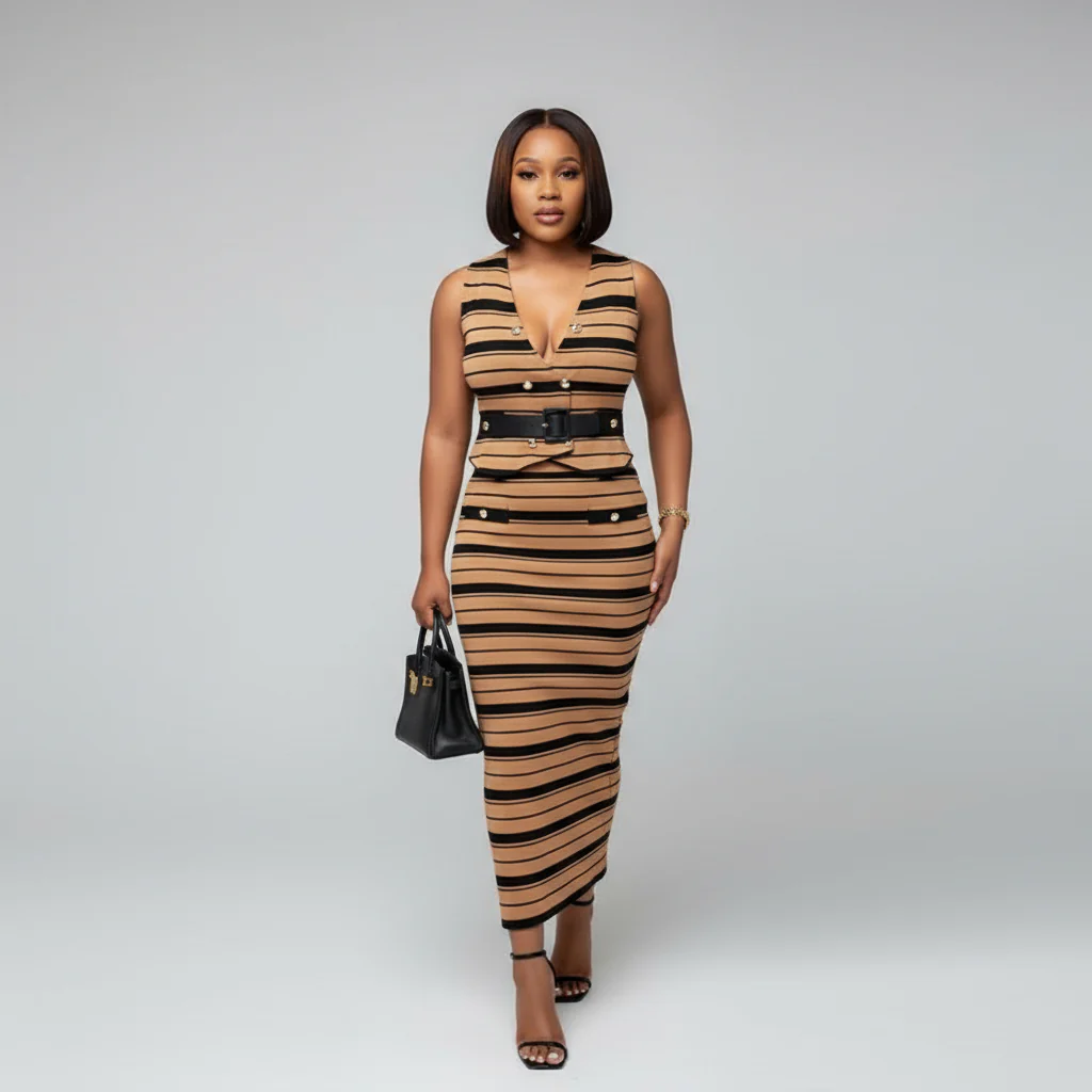 Elegant Striped Button Design Knitting Skirt Set 2 Piece Set