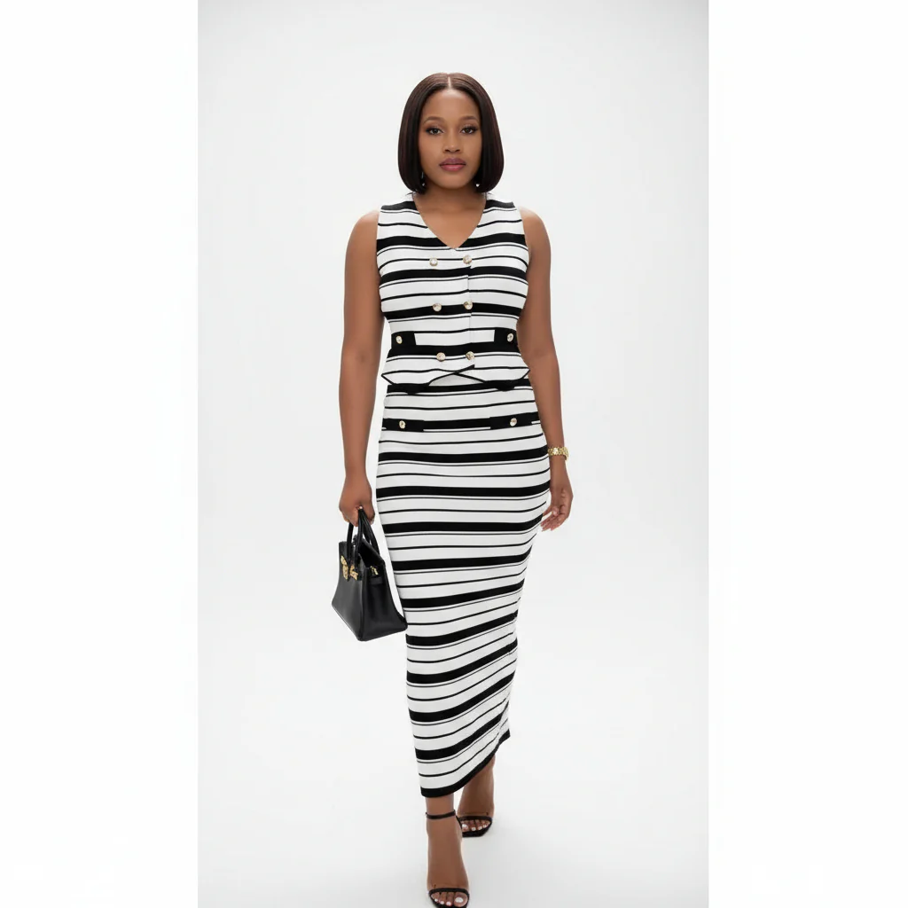 Elegant Striped Button Design Knitting Skirt Set 2 Piece Set - Image 2