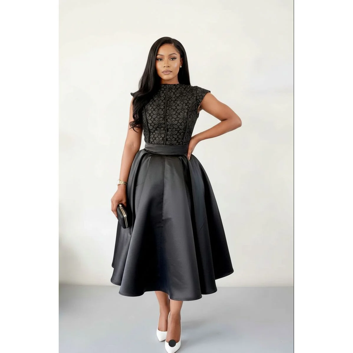 Elegant Textured Black Midi Dress