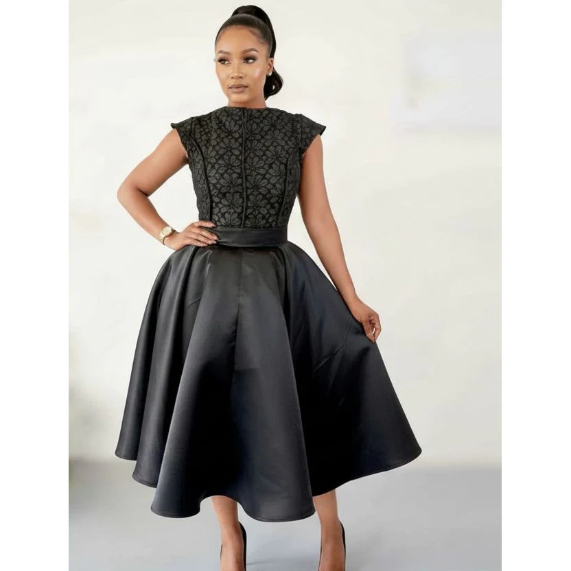 Elegant Textured Black Midi Dress - Image 2