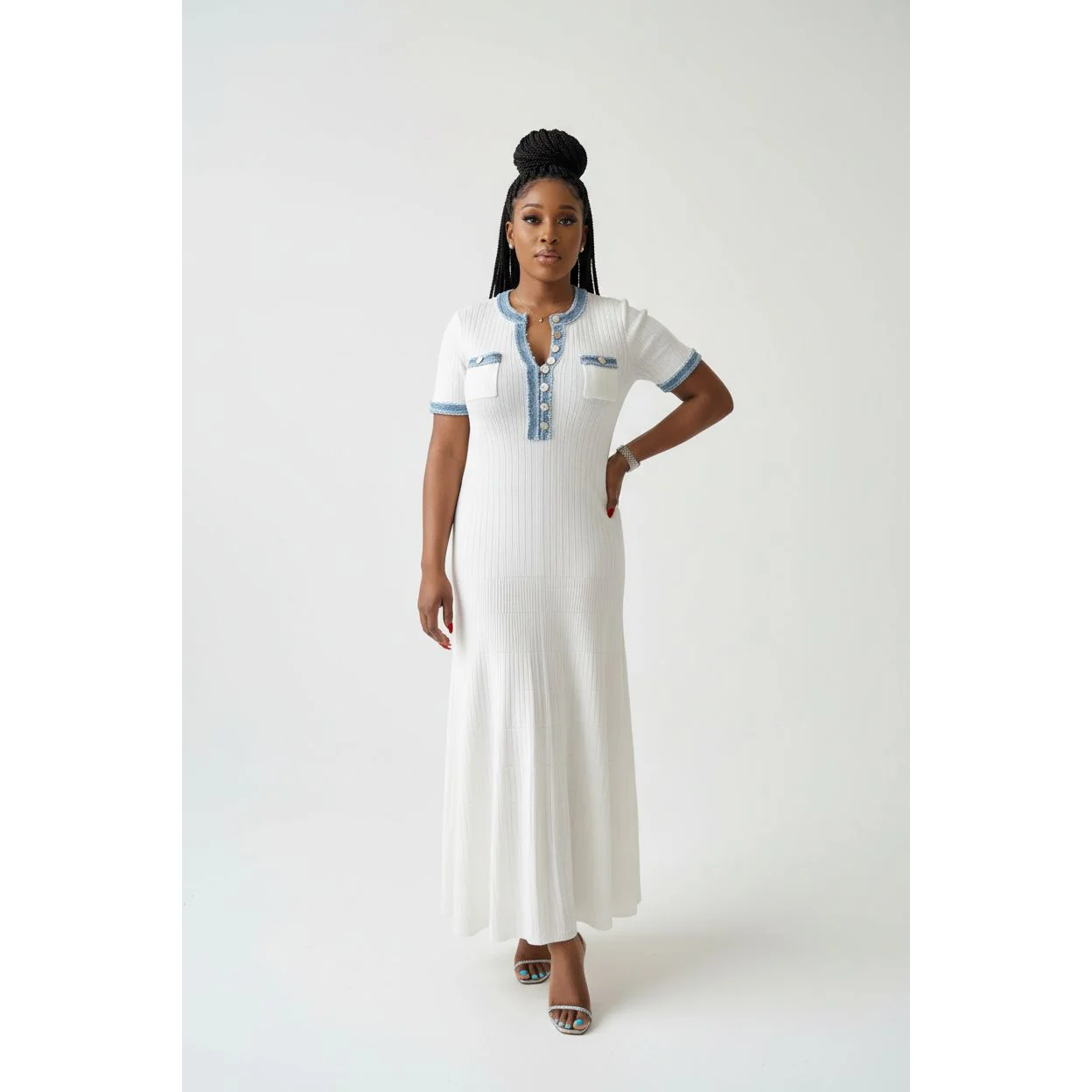 Elegant V Neck Denim Patchwork Knitted Long Dress. - Image 3