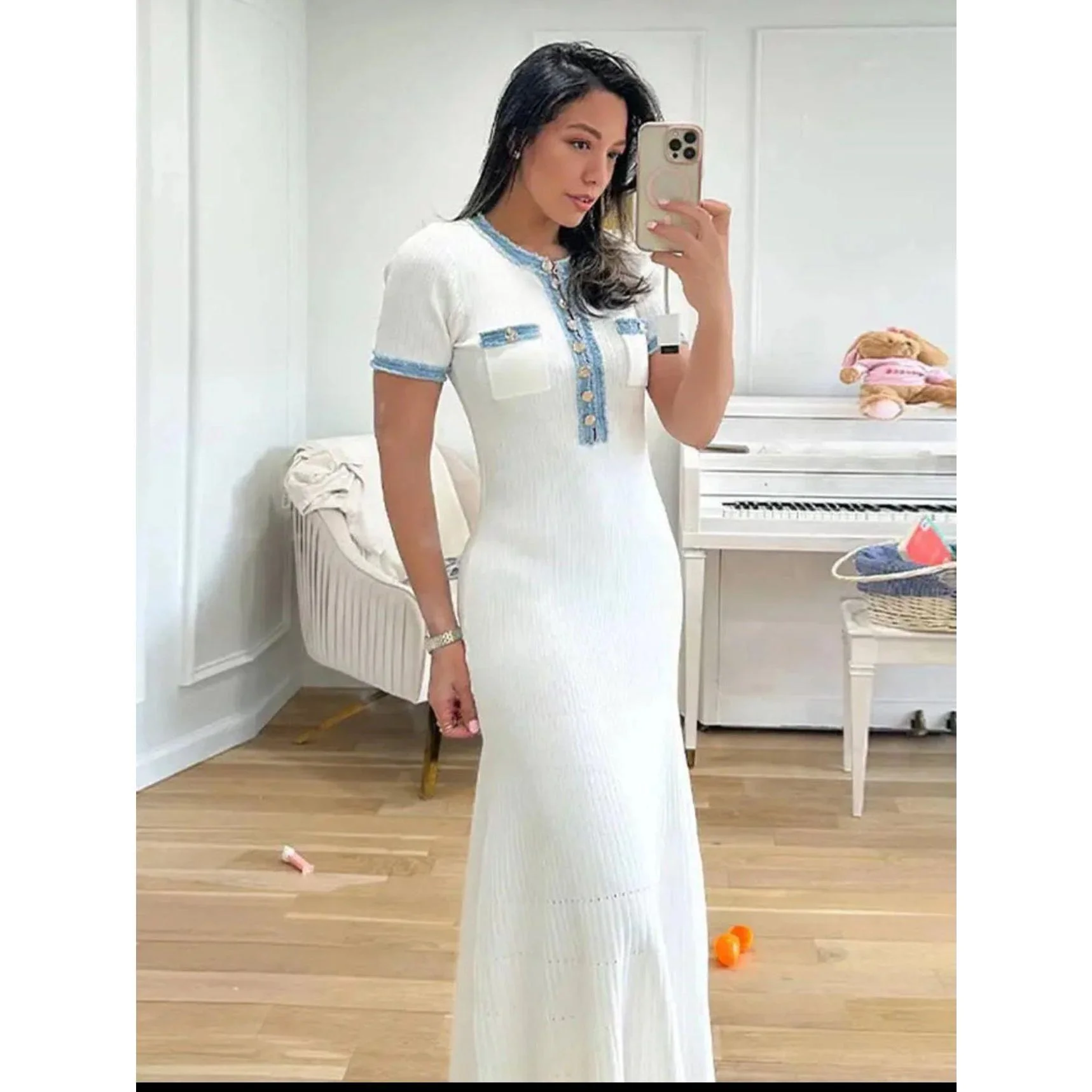 Elegant V Neck Denim Patchwork Knitted Long Dress. - Image 4