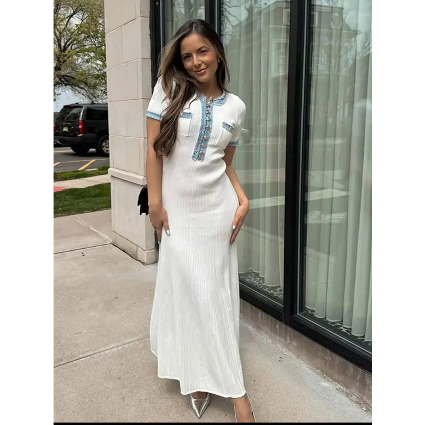 Elegant V Neck Denim Patchwork Knitted Long Dress. - Image 5
