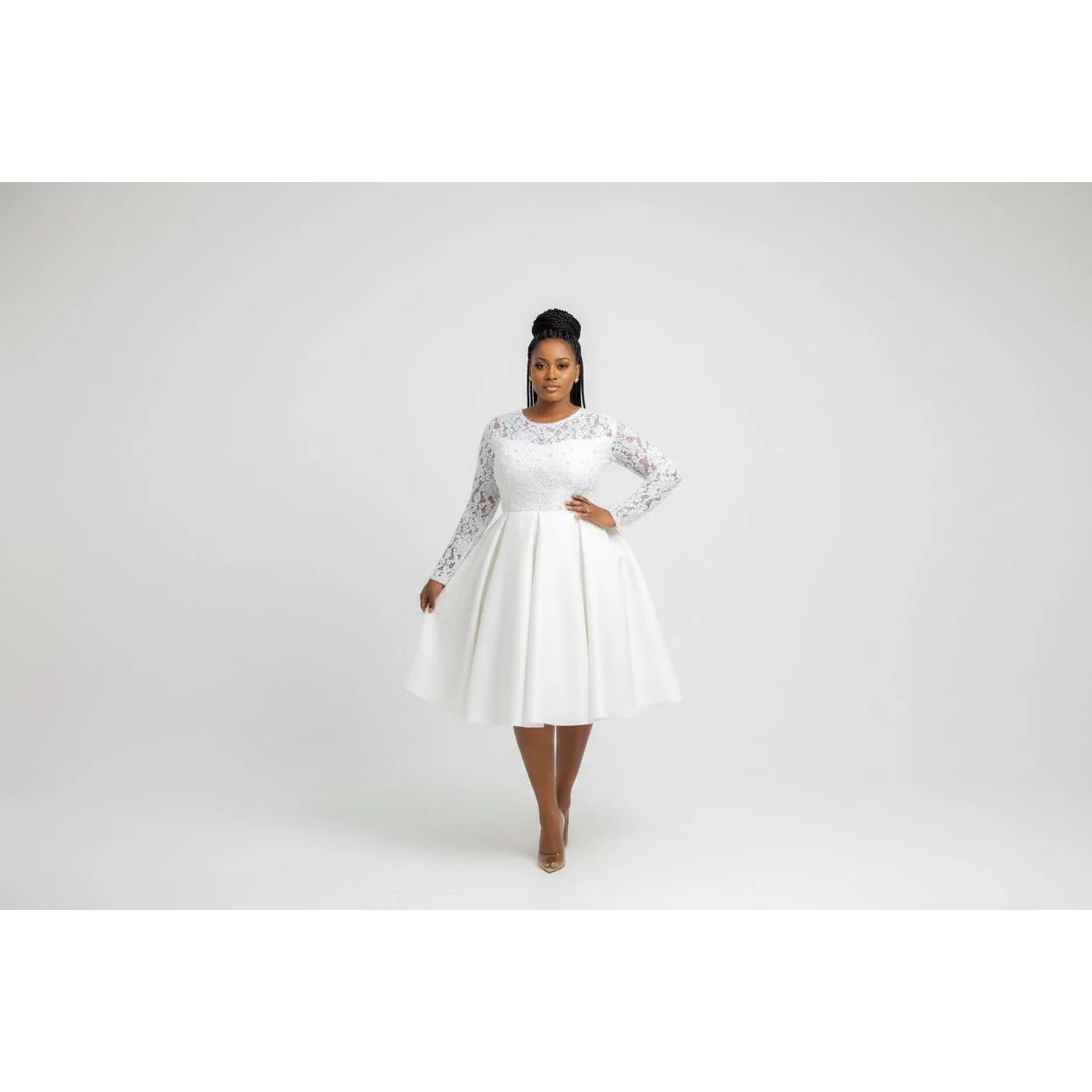 Long Sleeve Spliced Lace Round Neck Midi Dress