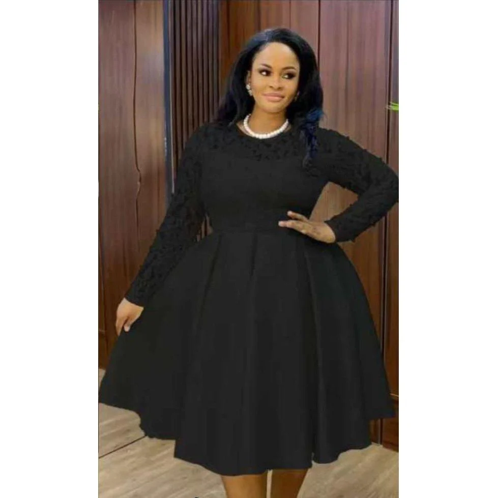 Long Sleeve Spliced Lace Round Neck Midi Dress - Image 3
