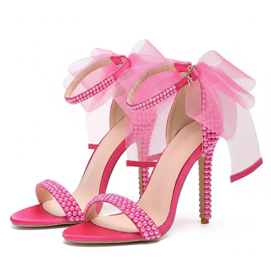 Embellished Ankle Strap Pearl Mesh Bow Heels - Image 2