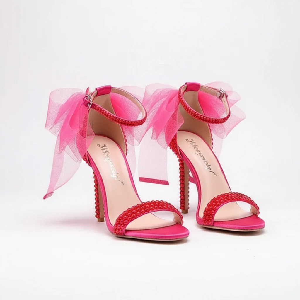 Embellished Ankle Strap Pearl Mesh Bow Heels - Image 3