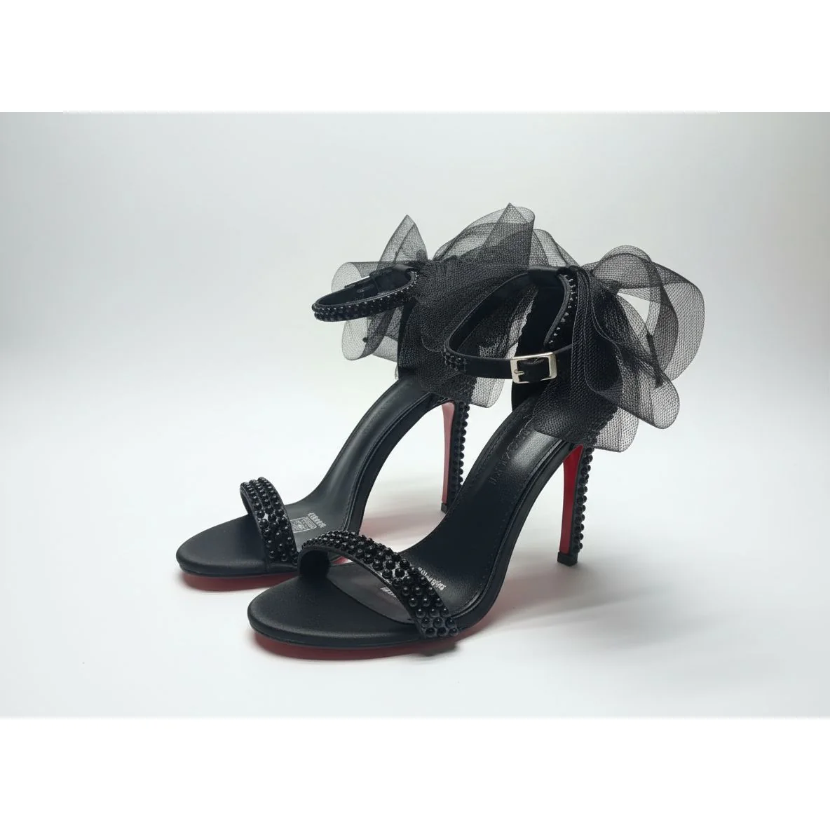 Embellished Ankle Strap Pearl Mesh Bow Heels - Image 4