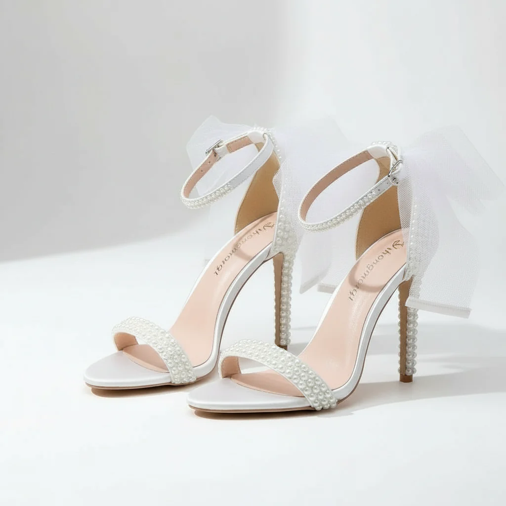 Embellished Ankle Strap Pearl Mesh Bow Heels - Image 5